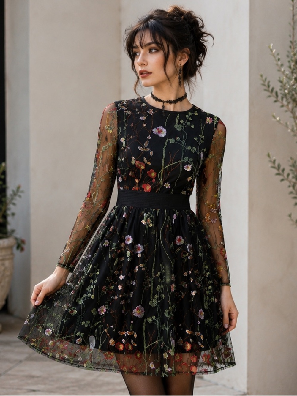 Floral Embroidered Mesh Dress Small Sheer Long Sleeve Fairycore Cottagecore